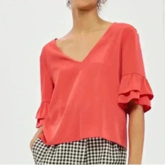 Topshop Red Ruffle Sleeve Top US 6 - Picture 1 of 6